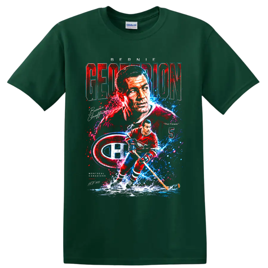Bernie Geoffrion Montreal Canadiens retro portrait and No. 5 hockey action graphic on a Forest Green T Shirt