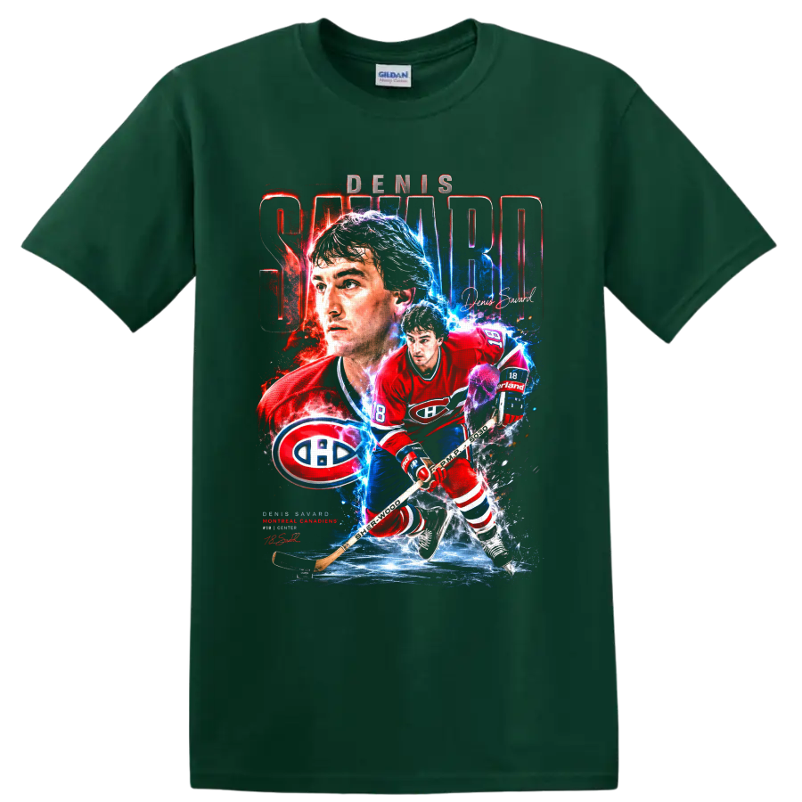 Denis Savard Montreal Canadiens hockey collage graphic with bold name lettering on a Forest Green T Shirt