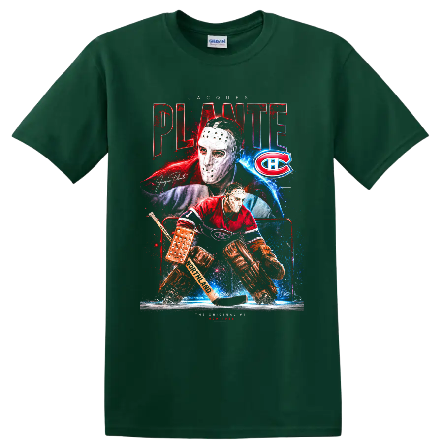 Jacques Plante Montreal Canadiens masked goalie in retro red and blue hockey collage on a Forest Green T Shirt
