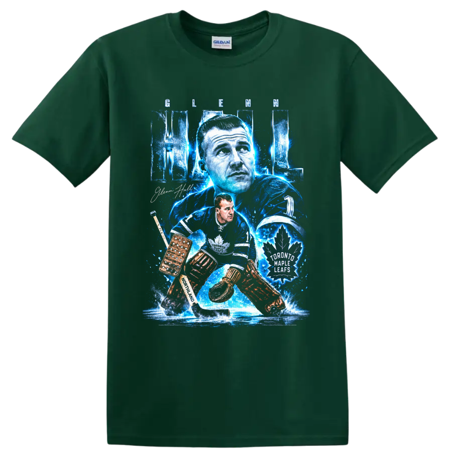 Glenn Hall Toronto Maple Leafs goalie graphic with icy blue vintage hockey artwork on a Forest Green T Shirt