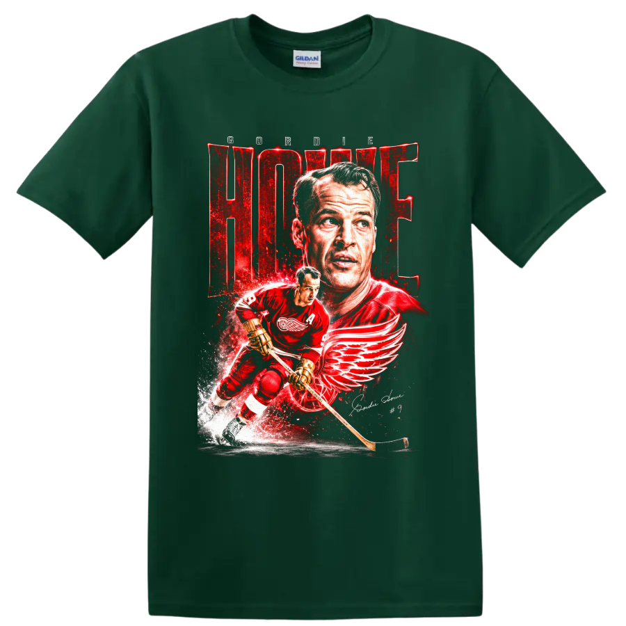 Gordie Howe Detroit Red Wings portrait and skating number 9 hockey graphic on a Forest Green T Shirt
