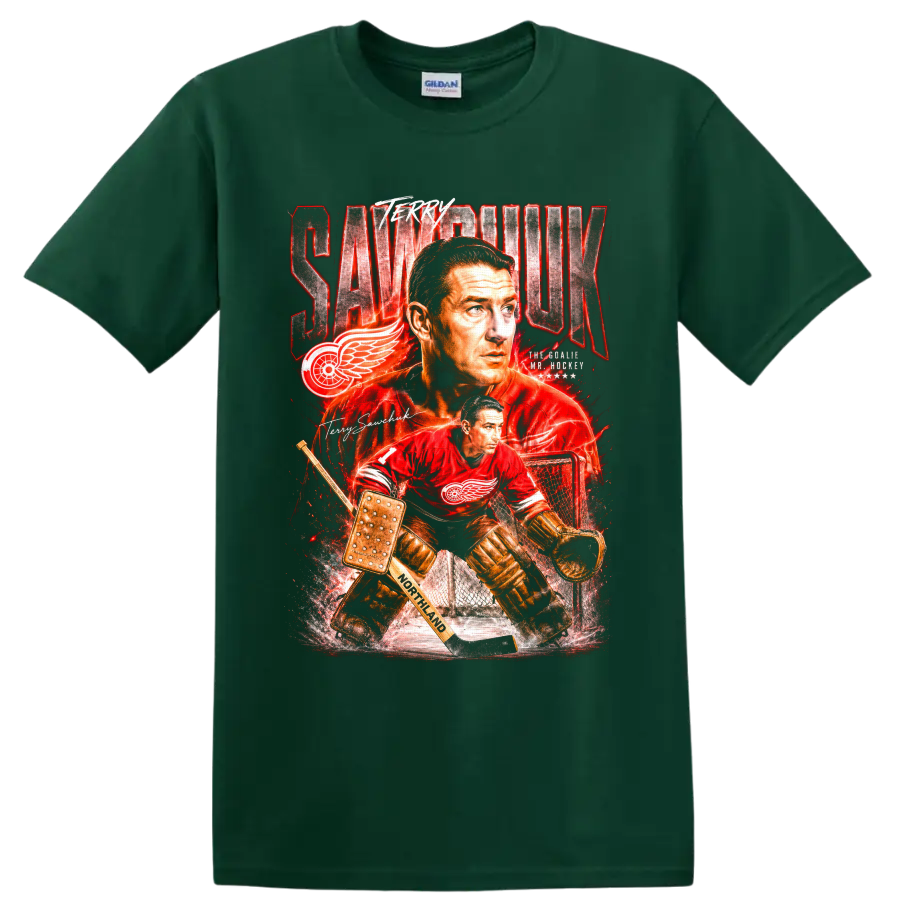 Terry Sawchuk Detroit Red Wings goalie portrait and vintage action graphic on a Forest Green T Shirt
