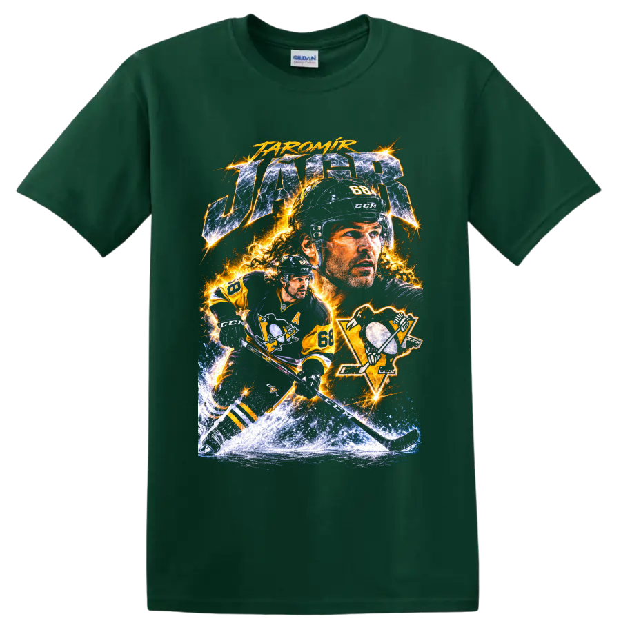 Jaromir Jagr number 68 Pittsburgh hockey electric collage graphic with icy action art on a Forest Green T Shirt