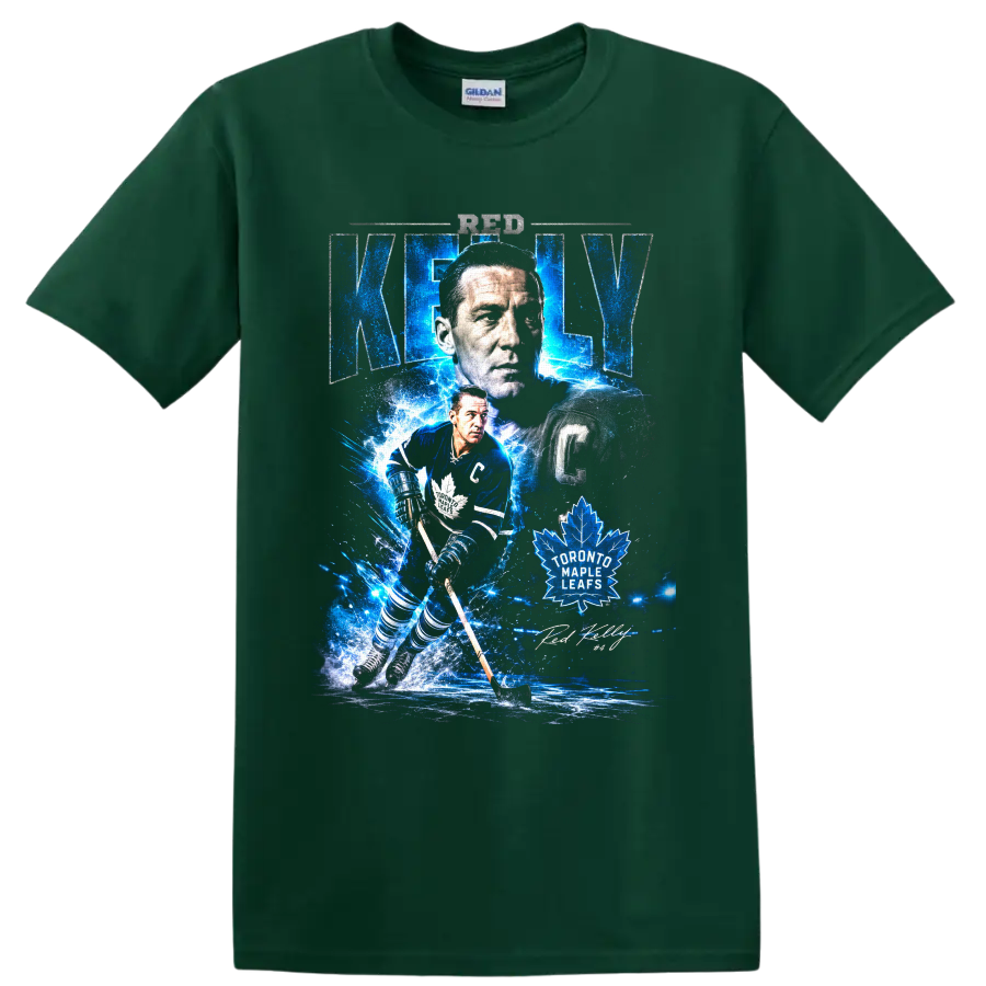 Red Kelly Toronto Maple Leafs captain hockey collage with electric blue ice effects on a Forest Green T Shirt