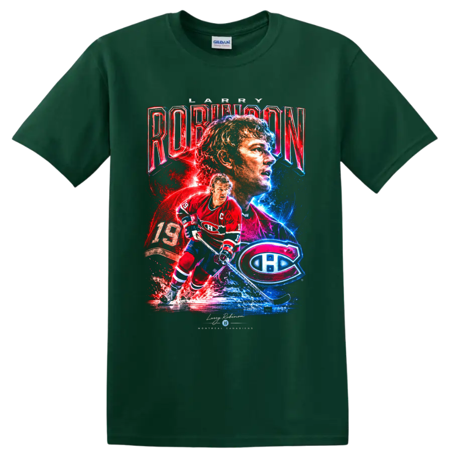 Larry Robinson Montreal Canadiens number 19 neon collage hockey graphic on a Forest Green T Shirt