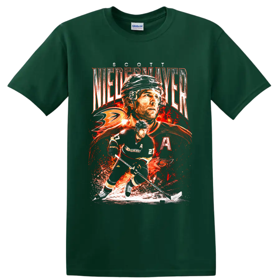 Scott Niedermayer Ducks No. 27 hockey collage with fiery distressed graphics on a Forest Green T Shirt