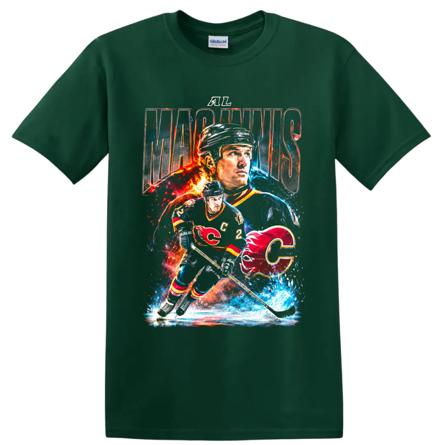 Al MacInnis Calgary Flames hockey collage graphic with fiery ice effects on a Forest Green T Shirt