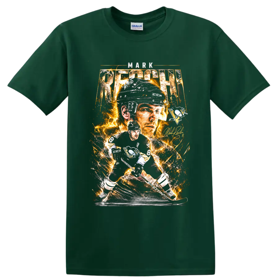 Mark Recchi Pittsburgh Penguins No. 8 electric hockey portrait and action graphic on a Forest Green T Shirt