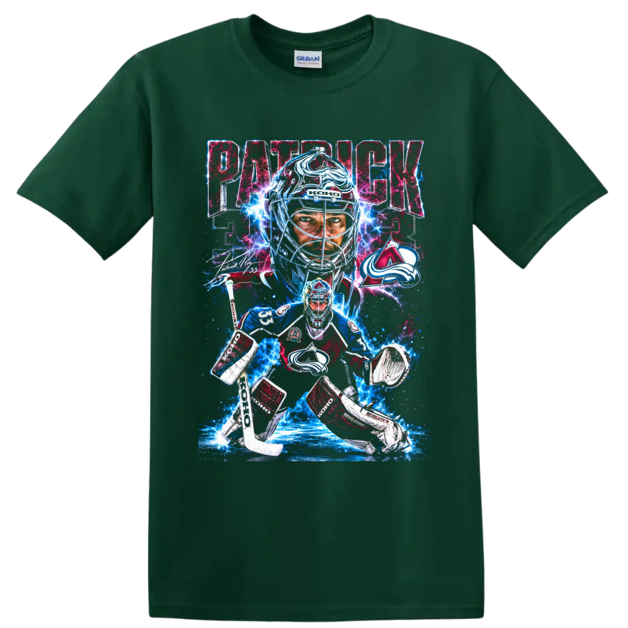 Patrick Roy Colorado Avalanche goalie graphic with number 33, signature, and electric ice on a Forest Green T Shirt