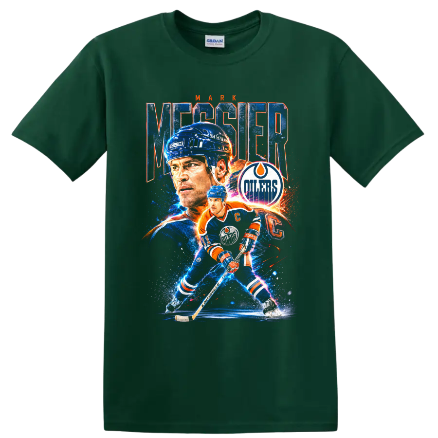 Mark Messier Edmonton Oilers hockey portrait and action graphic with distressed lettering on a Forest Green T Shirt