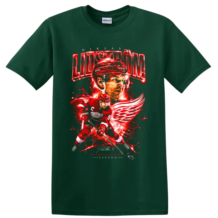 Nicklas Lidström Detroit Red Wings hockey action graphic with winged-wheel artwork on a Forest Green T Shirt