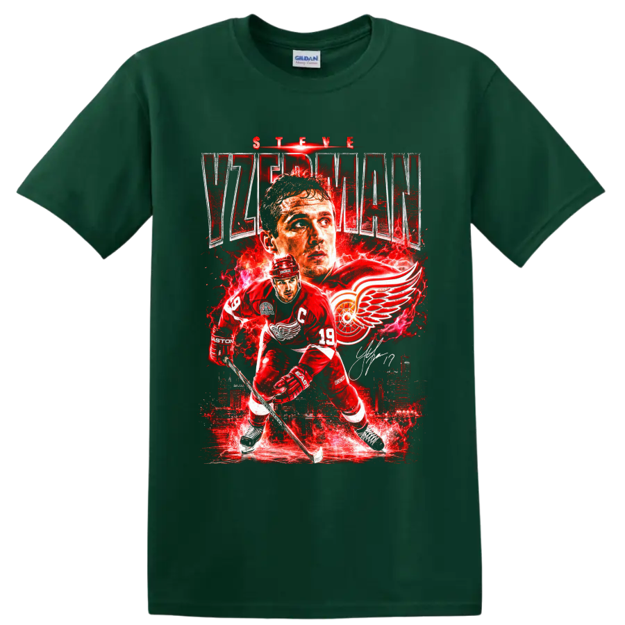 Steve Yzerman Detroit Red Wings hockey collage with captain portrait and winged wheel on a Forest Green T Shirt