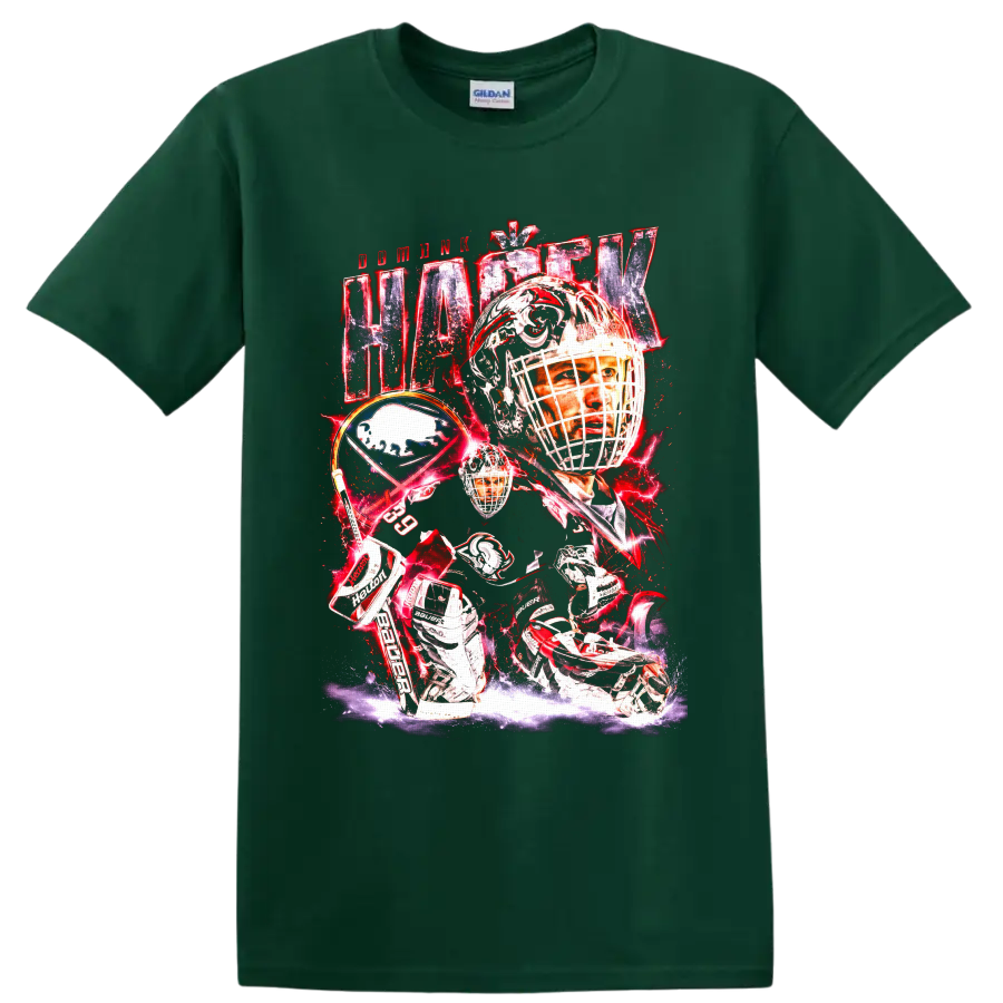 Dominik Hasek Buffalo Sabres goaltender collage with bold red lightning on a Forest Green T Shirt