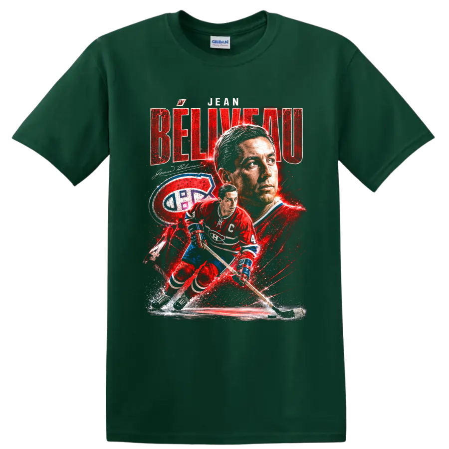 Jean Béliveau Montreal Canadiens hockey portrait and number 4 action graphic print on a Forest Green T Shirt
