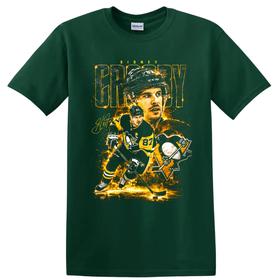 Sidney Crosby Penguins number 87 hockey portrait and action graphic print on a Forest Green T Shirt