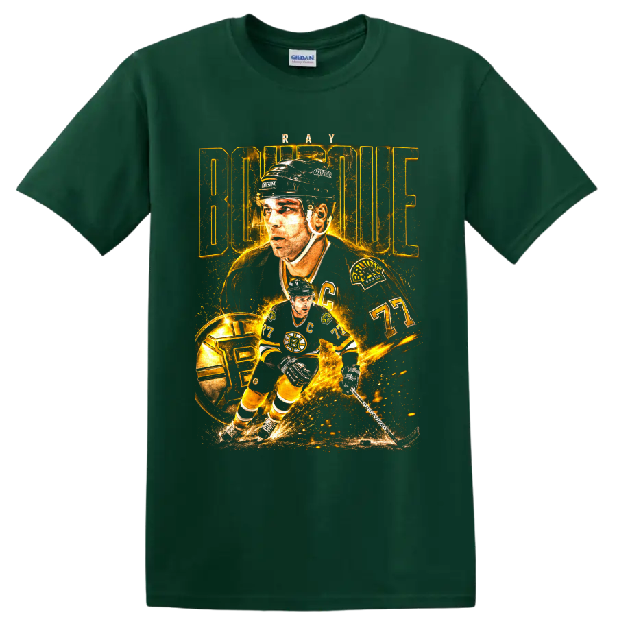 Ray Bourque Boston Bruins captain 77 hockey collage in glowing vintage gold on a Forest Green T Shirt