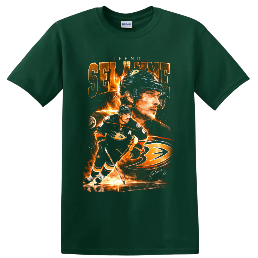 Teemu Selanne Anaheim Ducks fiery hockey action collage with signature on a Forest Green T Shirt