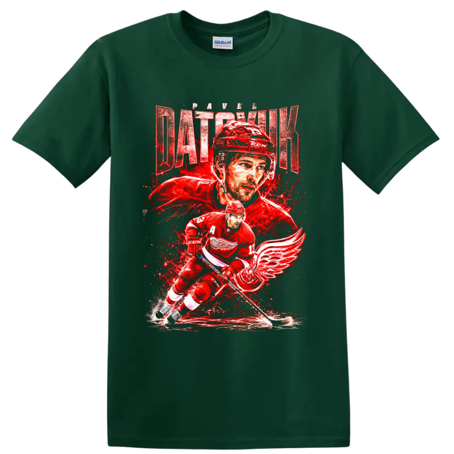 Pavel Datsyuk Detroit Red Wings hockey action graphic with distressed name lettering on a Forest Green T Shirt
