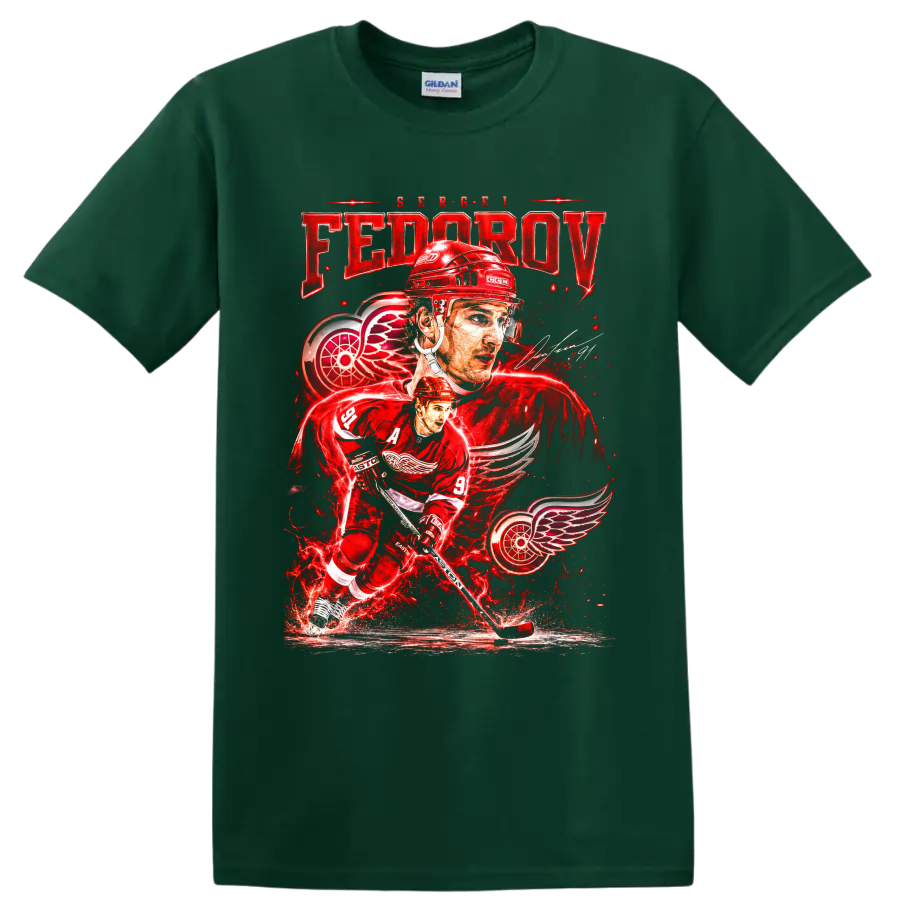 Sergei Fedorov Detroit Red Wings hockey portrait and skating action graphic on a Forest Green T Shirt