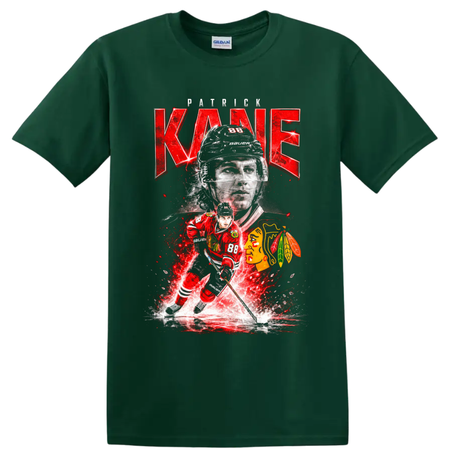 Patrick Kane number 88 Chicago hockey portrait and skating action graphic on a Forest Green T Shirt