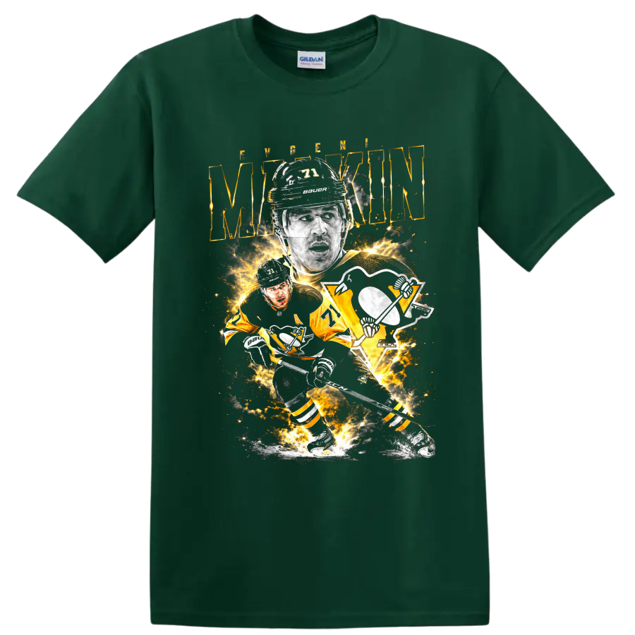 Evgeni Malkin Pittsburgh Penguins number 71 hockey player collage graphic on a Forest Green T Shirt