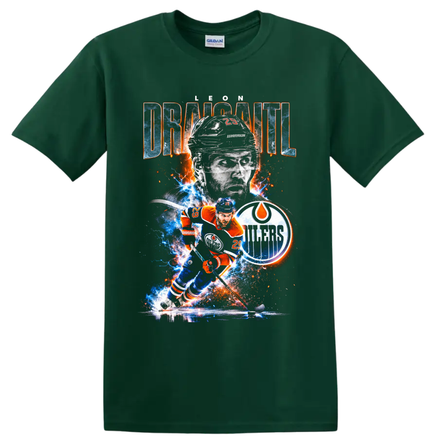 Leon Draisaitl Edmonton Oilers action portrait with electric ice and fiery spark artwork on a Forest Green T Shirt