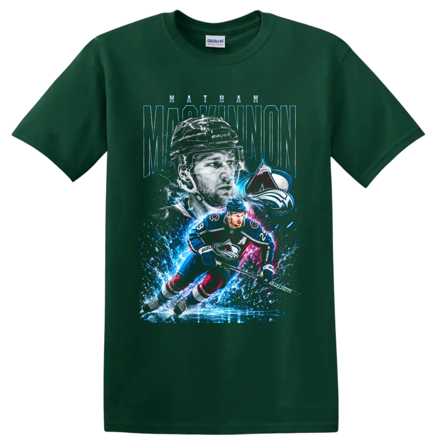 Nathan MacKinnon Colorado Avalanche hockey player graphic with icy neon action art on a Forest Green T Shirt