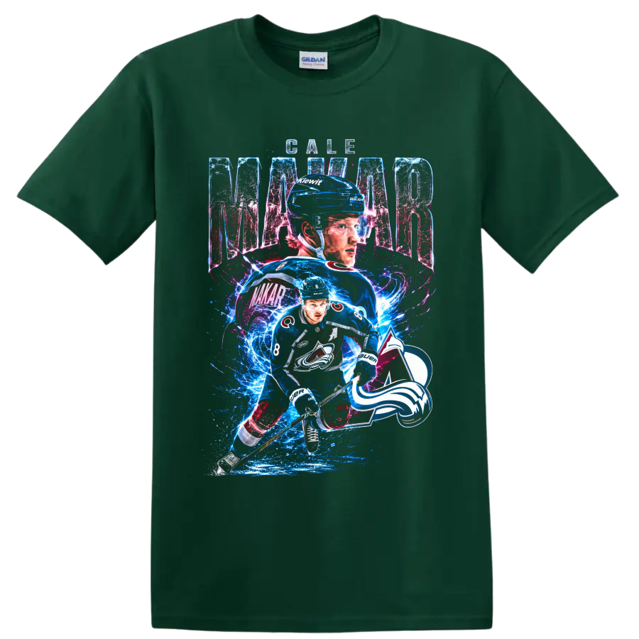 Cale Makar Colorado Avalanche number 8 hockey graphic with electric ice effects on a Forest Green T Shirt