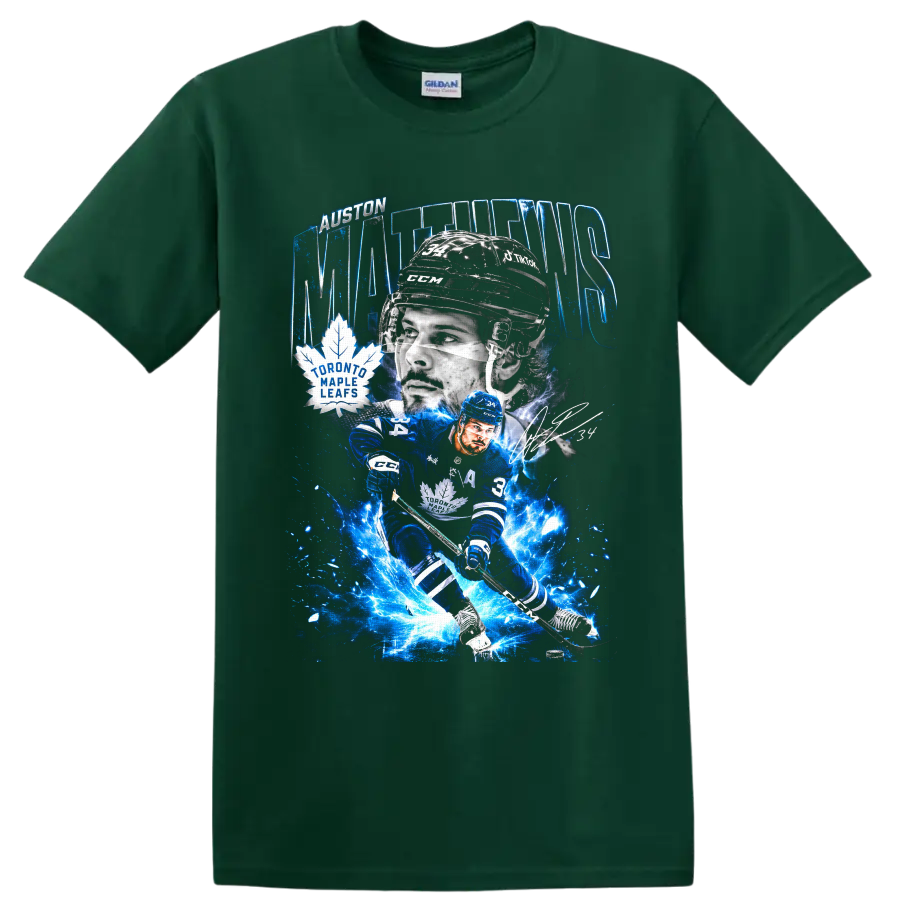 Auston Matthews Toronto Maple Leafs electric blue hockey action graphic on a Forest Green T Shirt