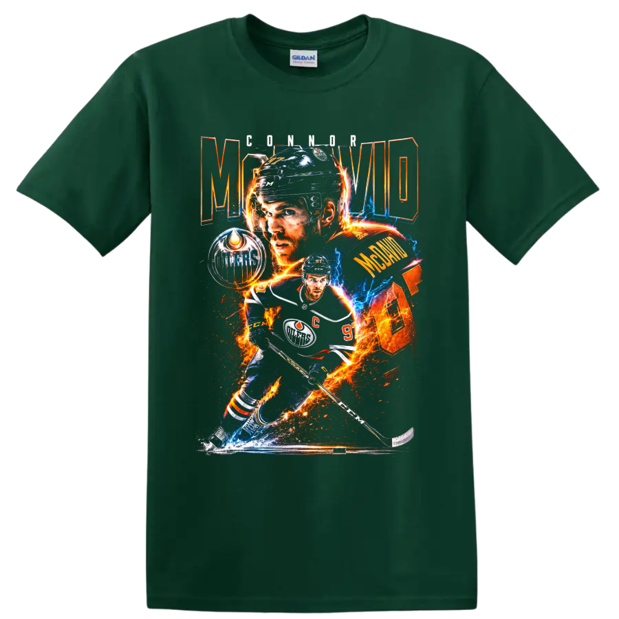 Connor McDavid Edmonton Oilers hockey collage with fiery electric graphic effects on a Forest Green T Shirt