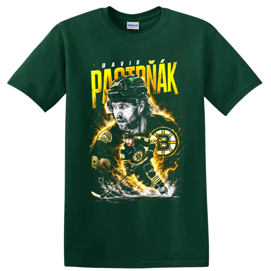 David Pastrnak No. 88 Boston Bruins hockey collage with electric gold lightning on a Forest Green T Shirt