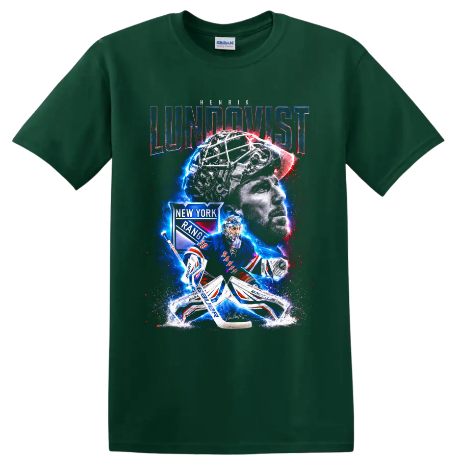 Henrik Lundqvist Rangers goalie collage with portrait, mask, and electric hockey artwork on a Forest Green T Shirt