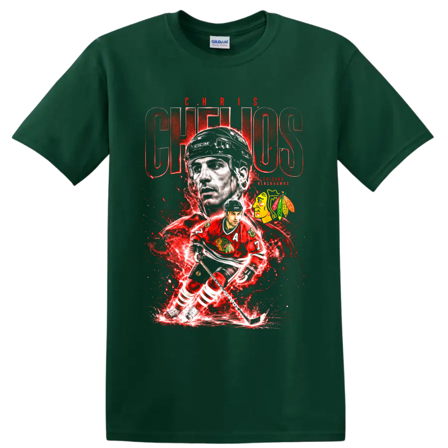 Chris Chelios Chicago Blackhawks hockey collage with red electric graphics on a Forest Green T Shirt