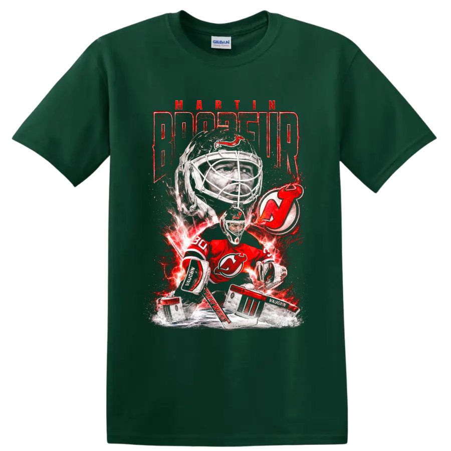 Martin Brodeur New Jersey Devils goalie graphic with red lightning and ice on a Forest Green T Shirt