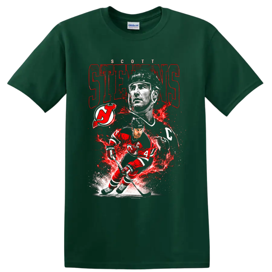 Scott Stevens New Jersey Devils hockey portrait and action graphic with team logo on a Forest Green T Shirt