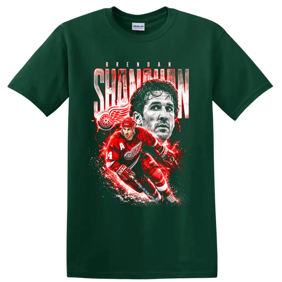 Brendan Shanahan Detroit Red Wings number 14 hockey action portrait graphic on a Forest Green T Shirt