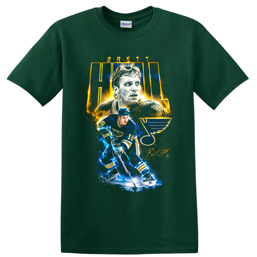 Brett Hull number 16 St. Louis Blues electric hockey tribute graphic on a Forest Green T Shirt
