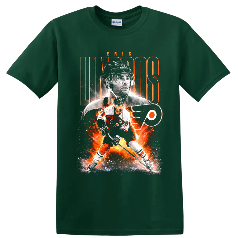 Eric Lindros Philadelphia Flyers hockey collage with fiery graphics and team logo on a Forest Green T Shirt