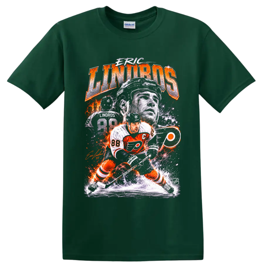 Eric Lindros Philadelphia Flyers vintage hockey collage with number 88 and bold lettering on a Forest Green T Shirt