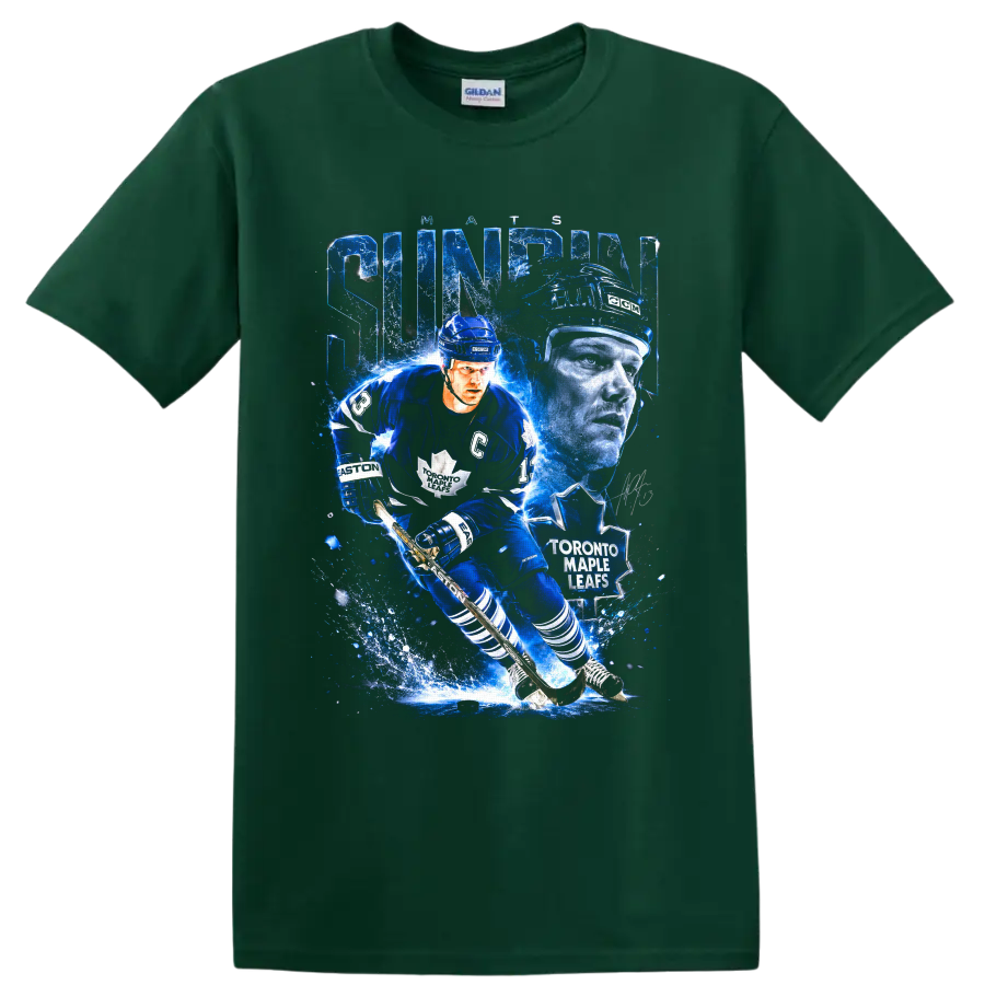 Mats Sundin Toronto Maple Leafs hockey action collage with icy blue effects on a Forest Green T Shirt