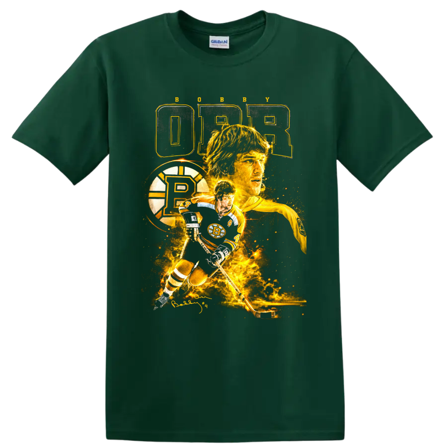 Bobby Orr Boston Bruins hockey collage with number 4, puck, action pose, and signature on a Forest Green T Shirt