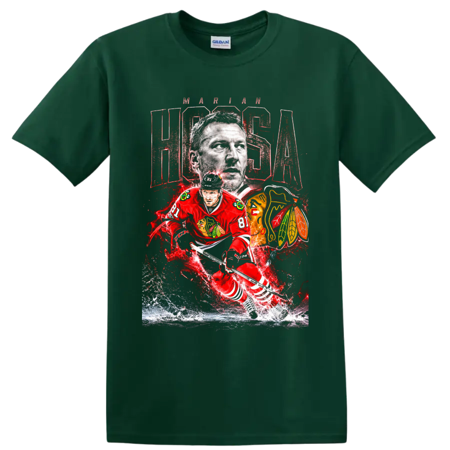 Marian Hossa Chicago Blackhawks number 81 portrait and action hockey graphic on a Forest Green T Shirt