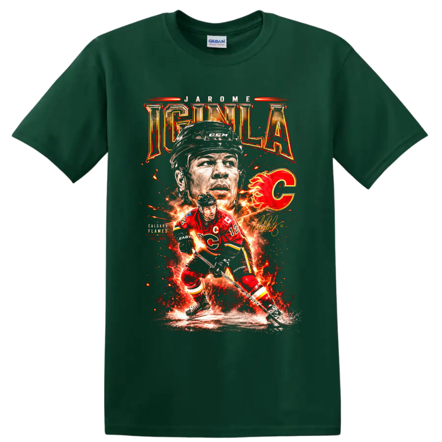 Jarome Iginla Calgary Flames fiery hockey action collage with number 12 and flaming C on a Forest Green T Shirt