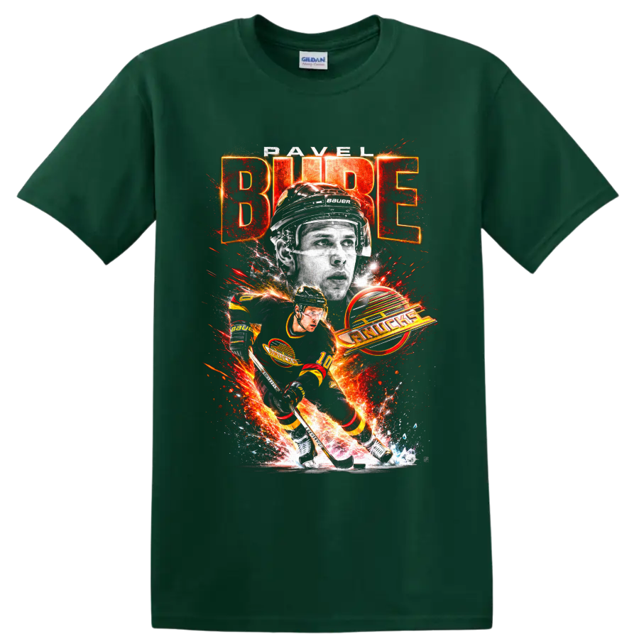 Pavel Bure Vancouver Canucks hockey action graphic with BURE and Canucks text on a Forest Green T Shirt