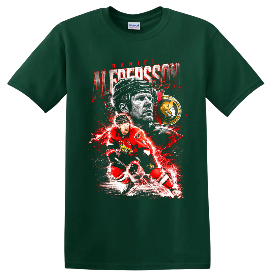 Daniel Alfredsson Ottawa Senators hockey portrait and action graphic with distressed on a Forest Green T Shirt