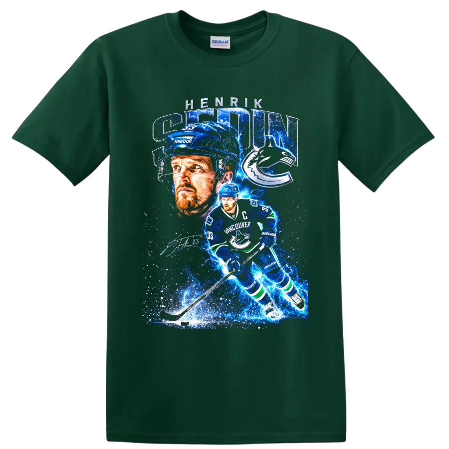 Henrik Sedin Vancouver Canucks captain electric blue hockey collage on a Forest Green T Shirt
