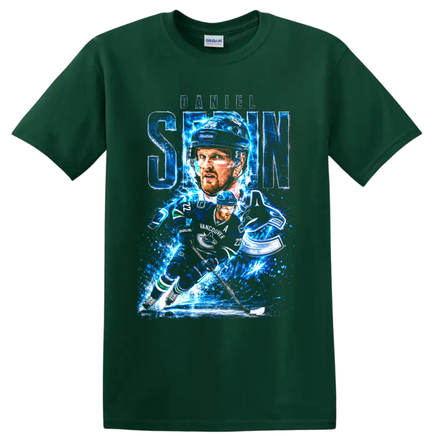 Daniel Sedin Vancouver Canucks hockey action graphic with blue ice effects and number 22 on a Forest Green T Shirt