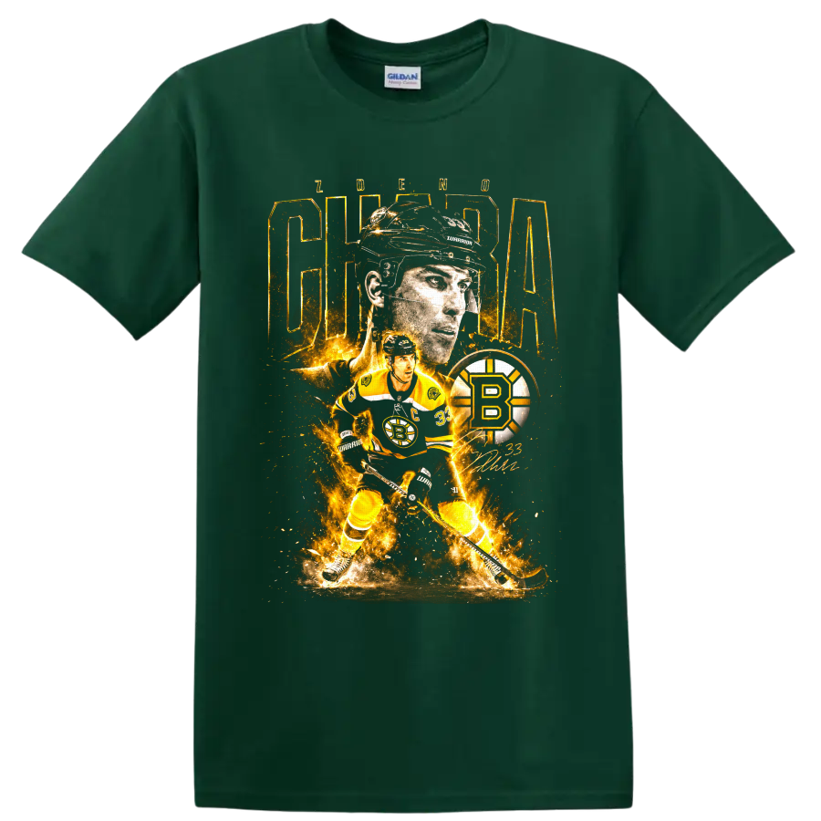 Zdeno Chara Boston Bruins fiery collage graphic with captain portrait and number 33 on a Forest Green T Shirt