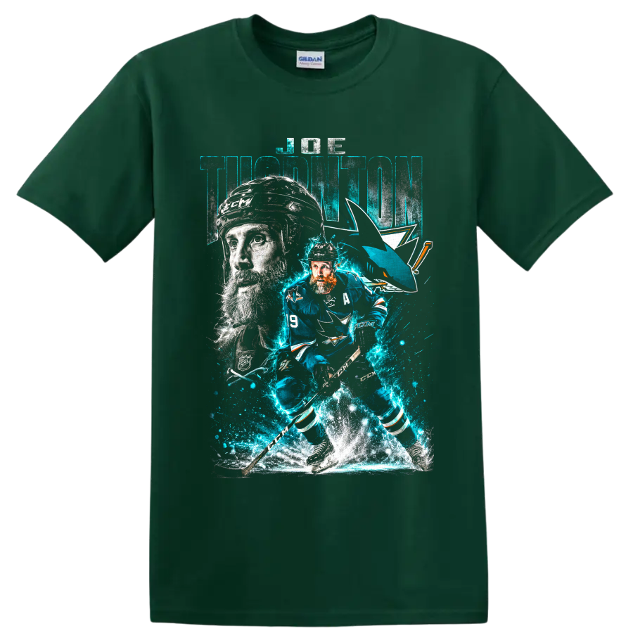 Joe Thornton San Jose Sharks hockey action collage with electric teal ice effects on a Forest Green T Shirt