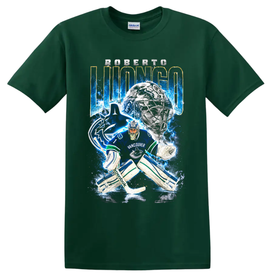 Roberto Luongo Vancouver Canucks goalie graphic with electric blue hockey artwork on a Forest Green T Shirt
